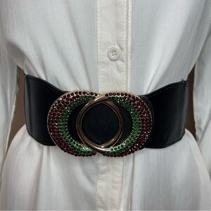 Black PU leather double circle buckle with rhinestones  elastic waistband belt